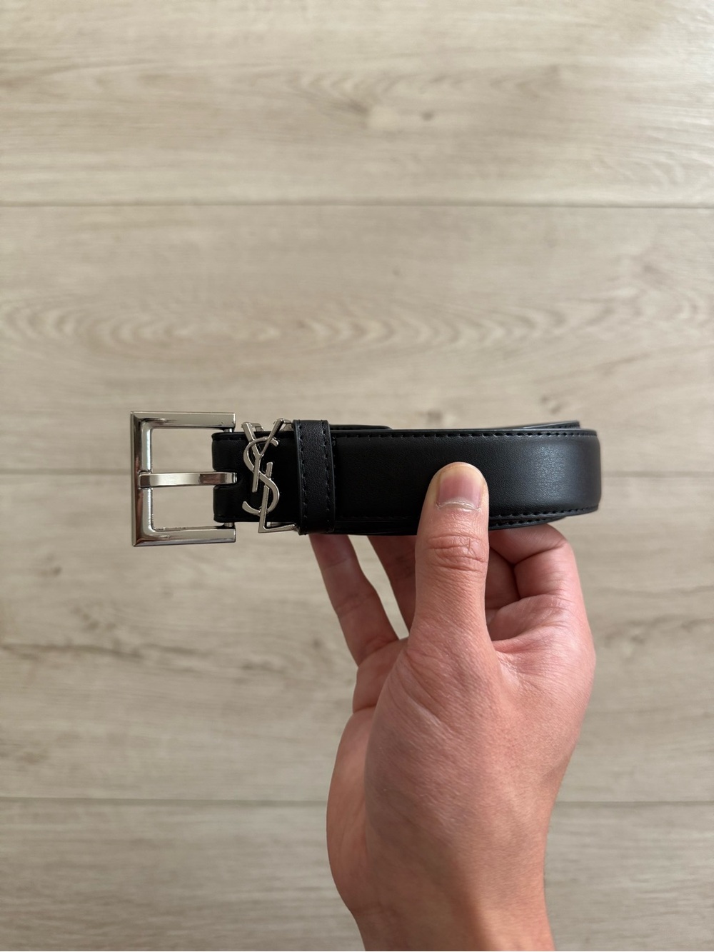 Saint Laurent Black Leather Belt with Signature Silver YSL Accent